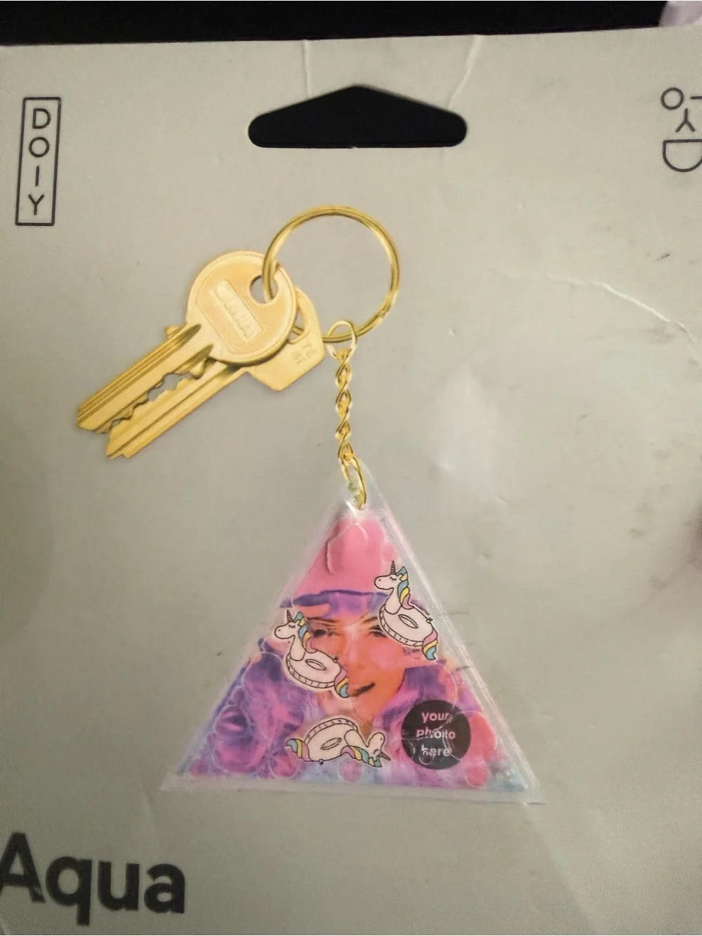 Aqua Gold & Purple Unicorn Triangle Keyring Photo Holder
